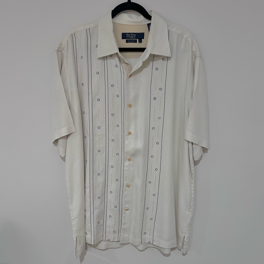 Nat Nast 100% Silk Embroidered Camp Shirt XL White Combo American Fit
